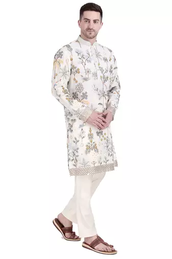 White faux georgette floral embroidered kurta pajama