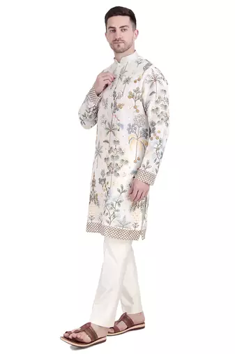 White faux georgette floral embroidered kurta pajama