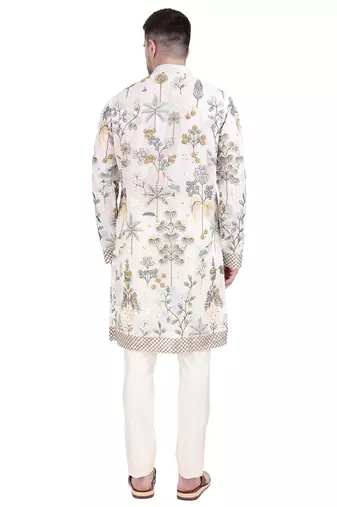 White faux georgette floral embroidered kurta pajama
