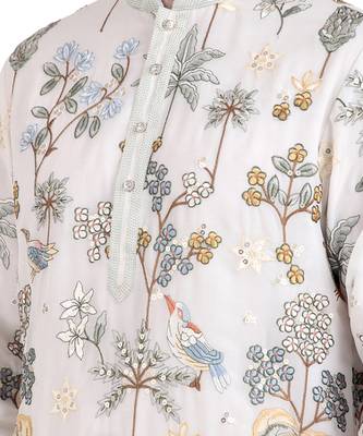 White faux georgette floral embroidered kurta pajama 5