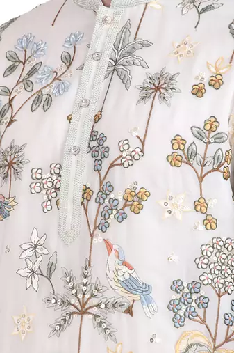 White faux georgette floral embroidered kurta pajama