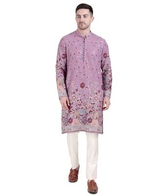 Purple faux georgette floral embroidered kurta pajama 1
