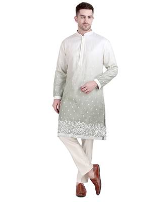 White cotton silk kurta pajama with floral embroidery 1