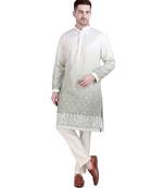 White cotton silk kurta pajama with floral embroidery