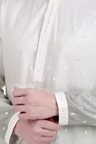 White cotton silk kurta pajama with floral embroidery