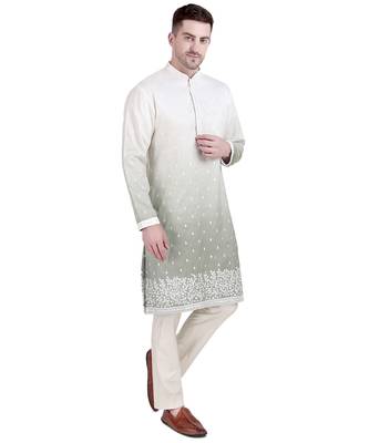 White cotton silk kurta pajama with floral embroidery 3