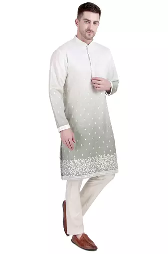 White cotton silk kurta pajama with floral embroidery