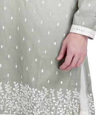 White cotton silk kurta pajama with floral embroidery 4