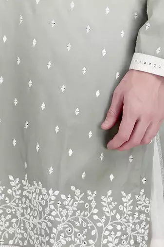 White cotton silk kurta pajama with floral embroidery