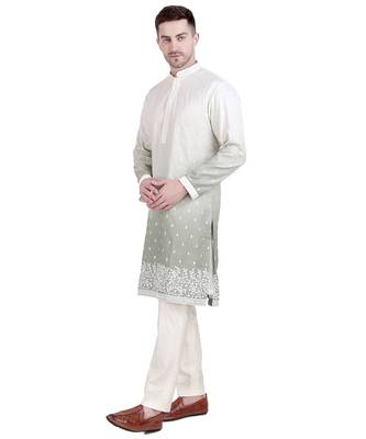 White cotton silk kurta pajama with floral embroidery 5