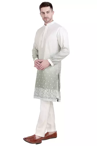 White cotton silk kurta pajama with floral embroidery