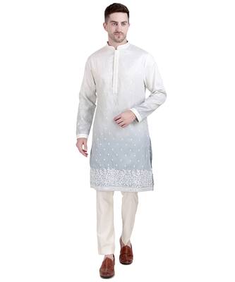 White cotton silk floral embroidered kurta pajama 1
