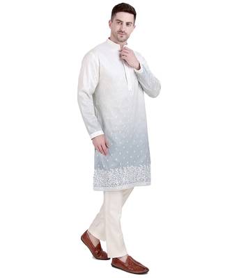 White cotton silk floral embroidered kurta pajama 2