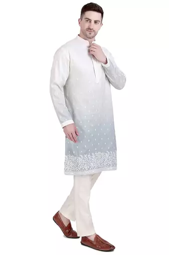 White cotton silk floral embroidered kurta pajama