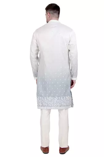 White cotton silk floral embroidered kurta pajama