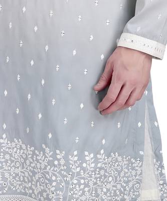 White cotton silk floral embroidered kurta pajama 4