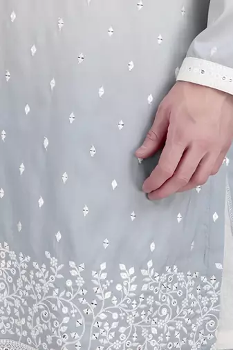 White cotton silk floral embroidered kurta pajama