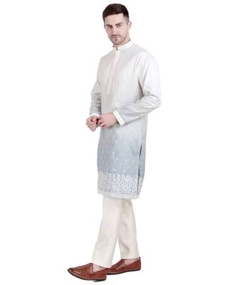 White cotton silk floral embroidered kurta pajama 5