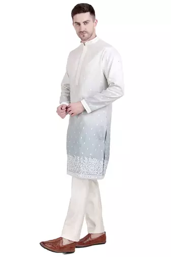 White cotton silk floral embroidered kurta pajama