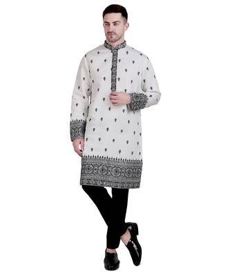 White cotton silk kurta pajama with floral embroidery 1