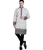 White cotton silk kurta pajama with floral embroidery