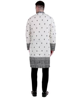 White cotton silk kurta pajama with floral embroidery 2