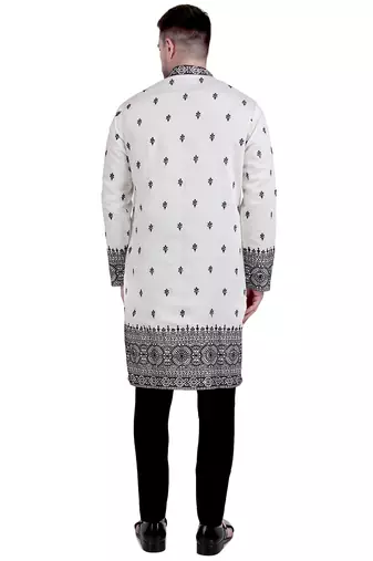 White cotton silk kurta pajama with floral embroidery