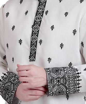 White cotton silk kurta pajama with floral embroidery 3