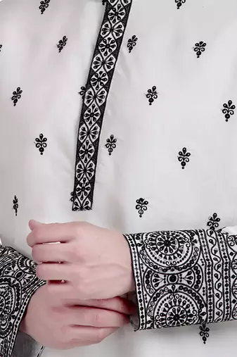 White cotton silk kurta pajama with floral embroidery