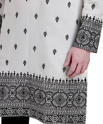 White cotton silk kurta pajama with floral embroidery 4
