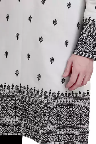 White cotton silk kurta pajama with floral embroidery