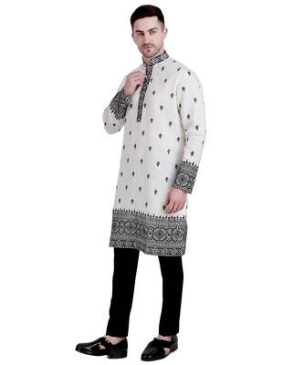 White cotton silk kurta pajama with floral embroidery 5