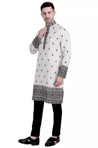 White cotton silk kurta pajama with floral embroidery