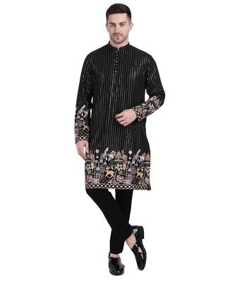Black faux georgette floral embroidered kurta pajama 1
