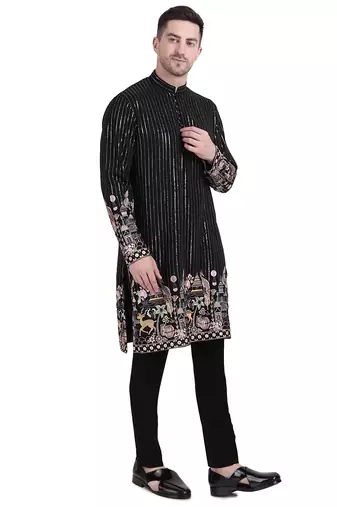 Black faux georgette floral embroidered kurta pajama