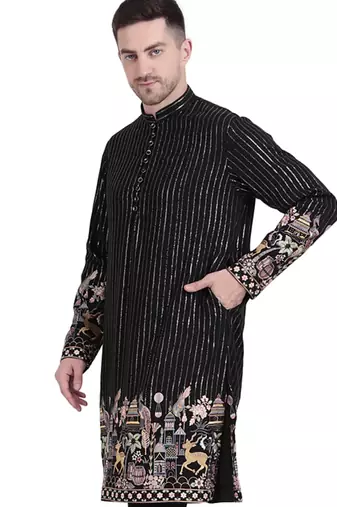 Black faux georgette floral embroidered kurta pajama