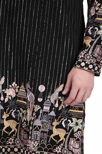 Black faux georgette floral embroidered kurta pajama