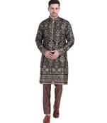 Black faux georgette kurta pajama with floral embroidered