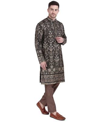 Black faux georgette kurta pajama with floral embroidered 2