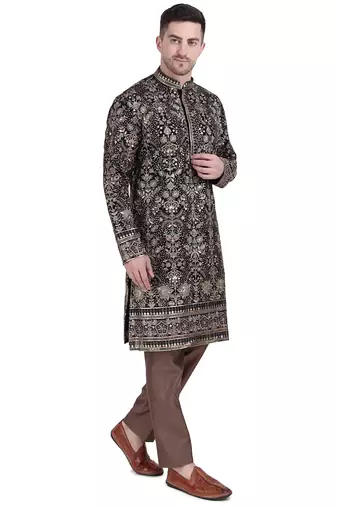 Black faux georgette kurta pajama with floral embroidered