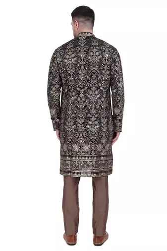 Black faux georgette kurta pajama with floral embroidered