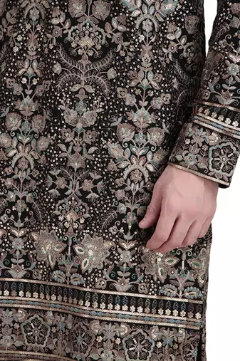 Black faux georgette kurta pajama with floral embroidered