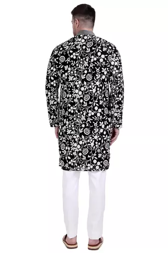 Black faux georgette floral embroidered kurta with pajama