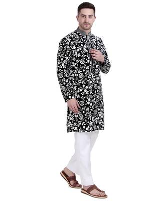 Black faux georgette floral embroidered kurta with pajama 4