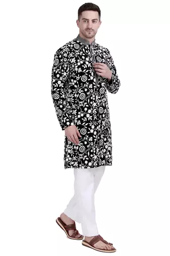 Black faux georgette floral embroidered kurta with pajama