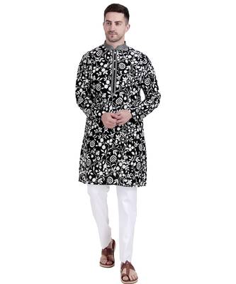 Black faux georgette floral embroidered kurta with pajama 5