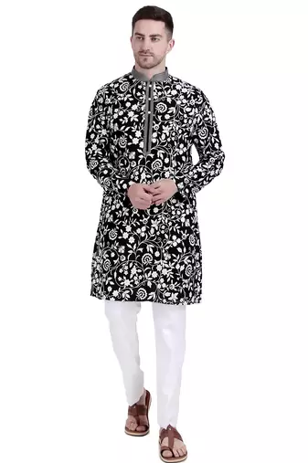 Black faux georgette floral embroidered kurta with pajama