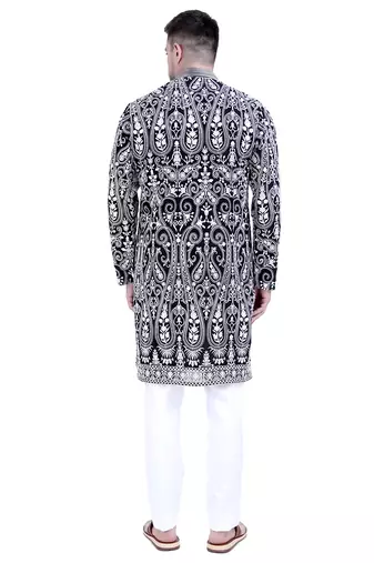 Black faux georgette embroidered kurta pajama