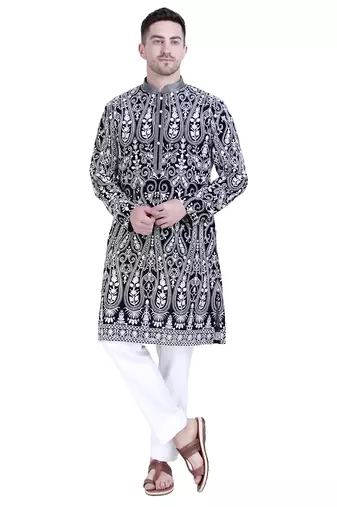 Black faux georgette embroidered kurta pajama