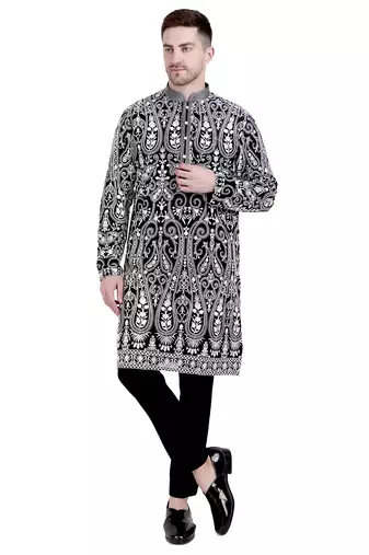 Black faux georgette embroidered kurta with pajama